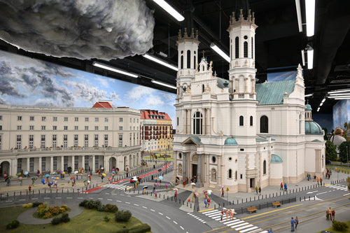 Miniature Warsaw streets and church at Kolejkowo Warszawa