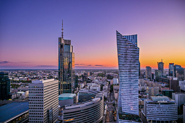 Warsaw skyline at sunset from the Palace of Culture and Science observation terrace
