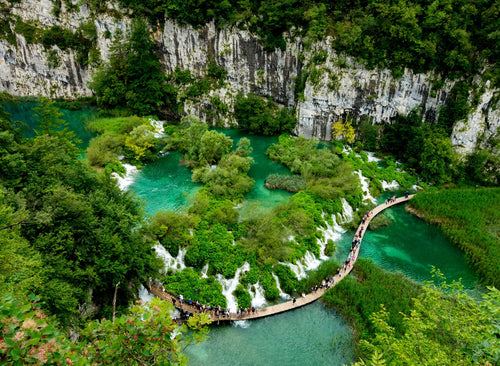 Plitvice Lakes National Park in Croatia with turquoise lakes, waterfalls and wooden boardwalks