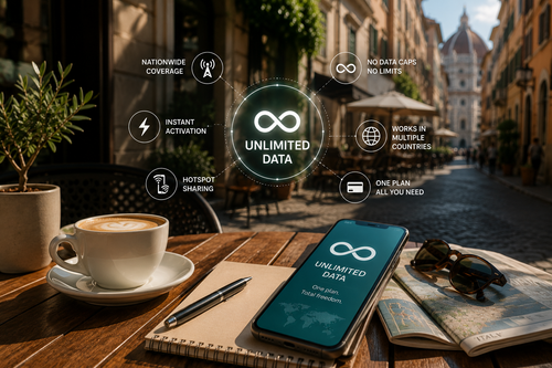 Traveler using an unlimited data eSIM while connected in an urban destination