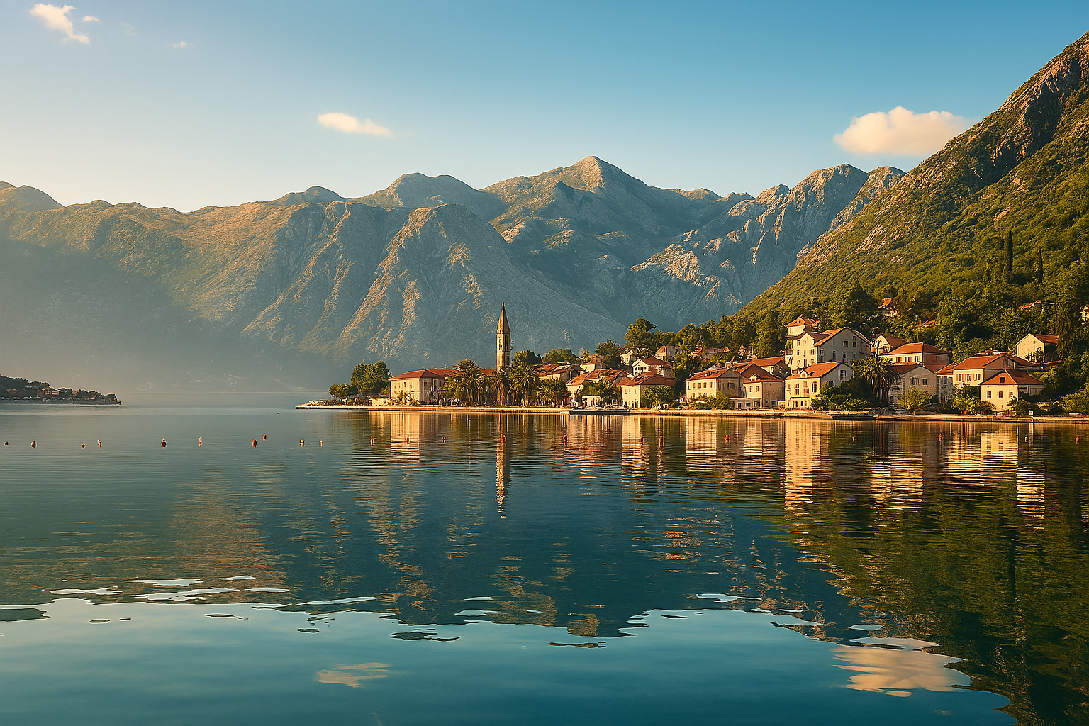 Town by a lake with mountains in the background