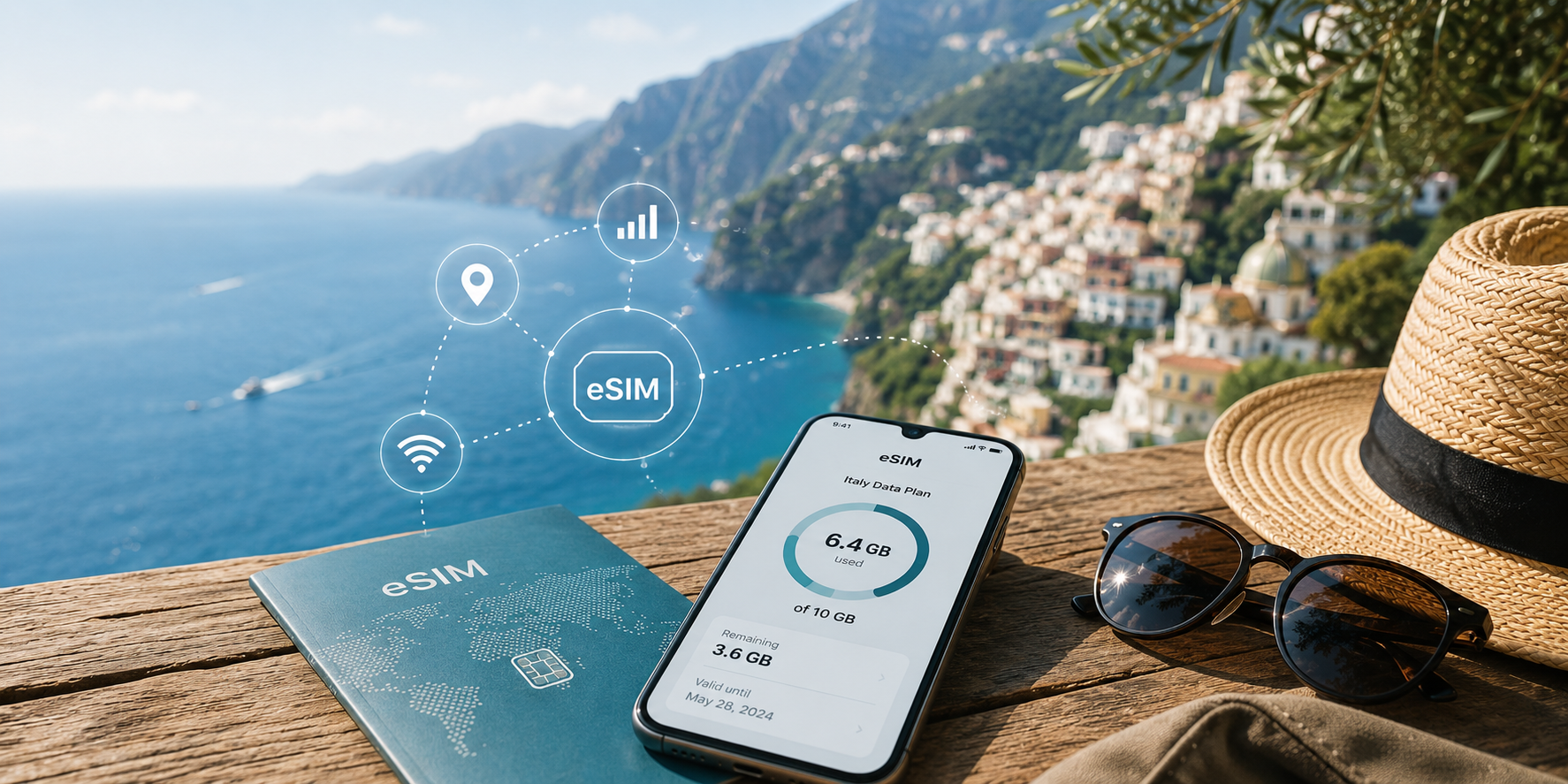 A smartphone displaying an eSIM app screen, placed beside an eSIM passport and a straw hat with sunglasses on a wooden table, with a scenic coastal town and sea in the background.
